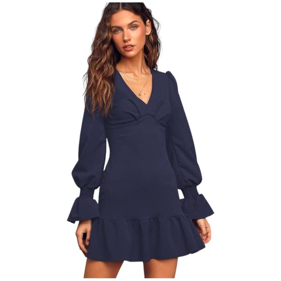 Lulus Womens Medium Style And Flare Ruffled Long Sleeve Mini Dress Navy Blue - Picture 14 of 16